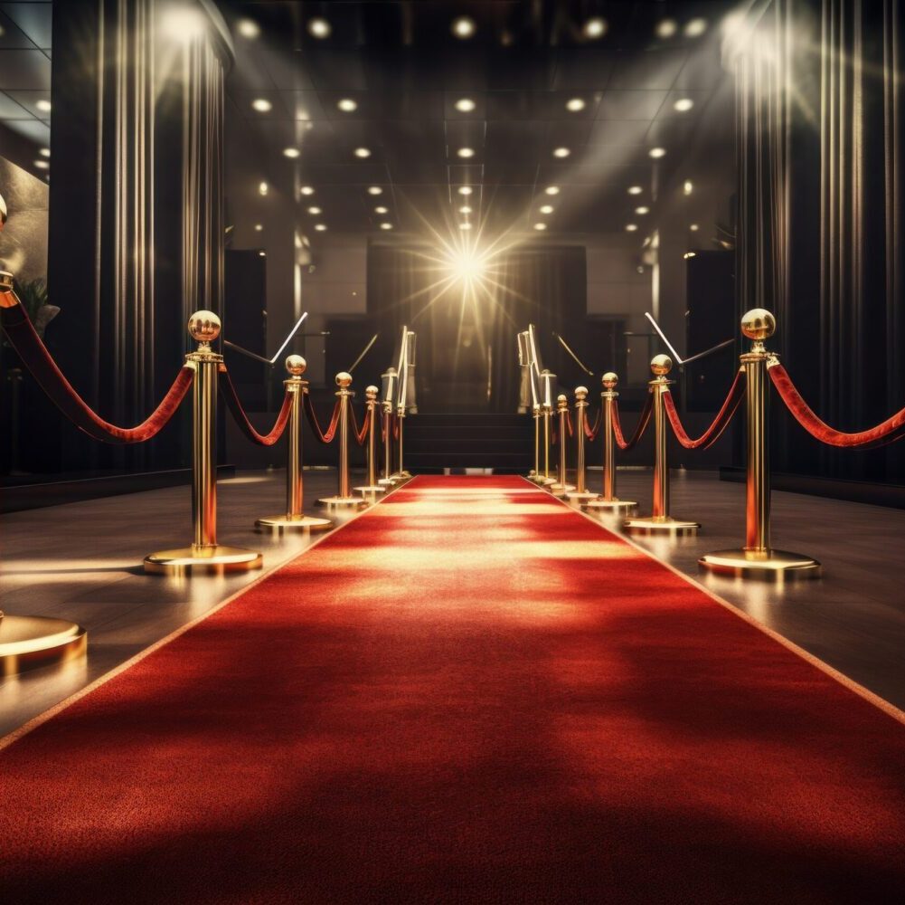 Luxury red carpet with selective focus. AI generated